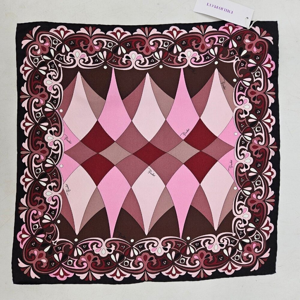 New Emilio Pucci Silk Pocket Square Brown Pink Black Swirl 16 x 16
